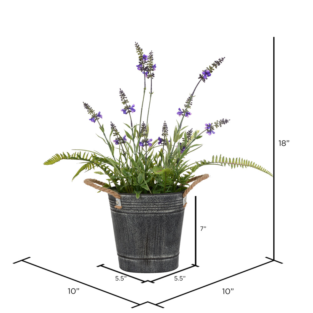 Vickerman 18" Artificial Lavender Flower Fern in Iron Pot.
