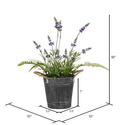 Vickerman 18" Artificial Lavender Flower Fern in Iron Pot.