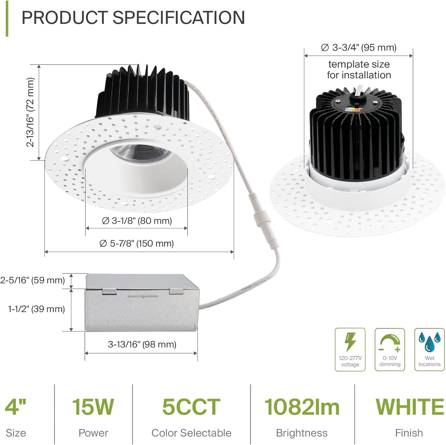 ASD Lighting LED Trimless Downlight Round 4inch 15W 120-277V 0-10V Dimmable 2700/3000/3500/4000/5000K White ETL Energy Star