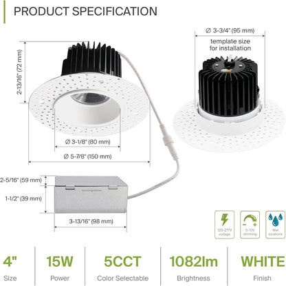 ASD Lighting LED Trimless Downlight Round 4inch 15W 120-277V 0-10V Dimmable 2700/3000/3500/4000/5000K White ETL Energy Star