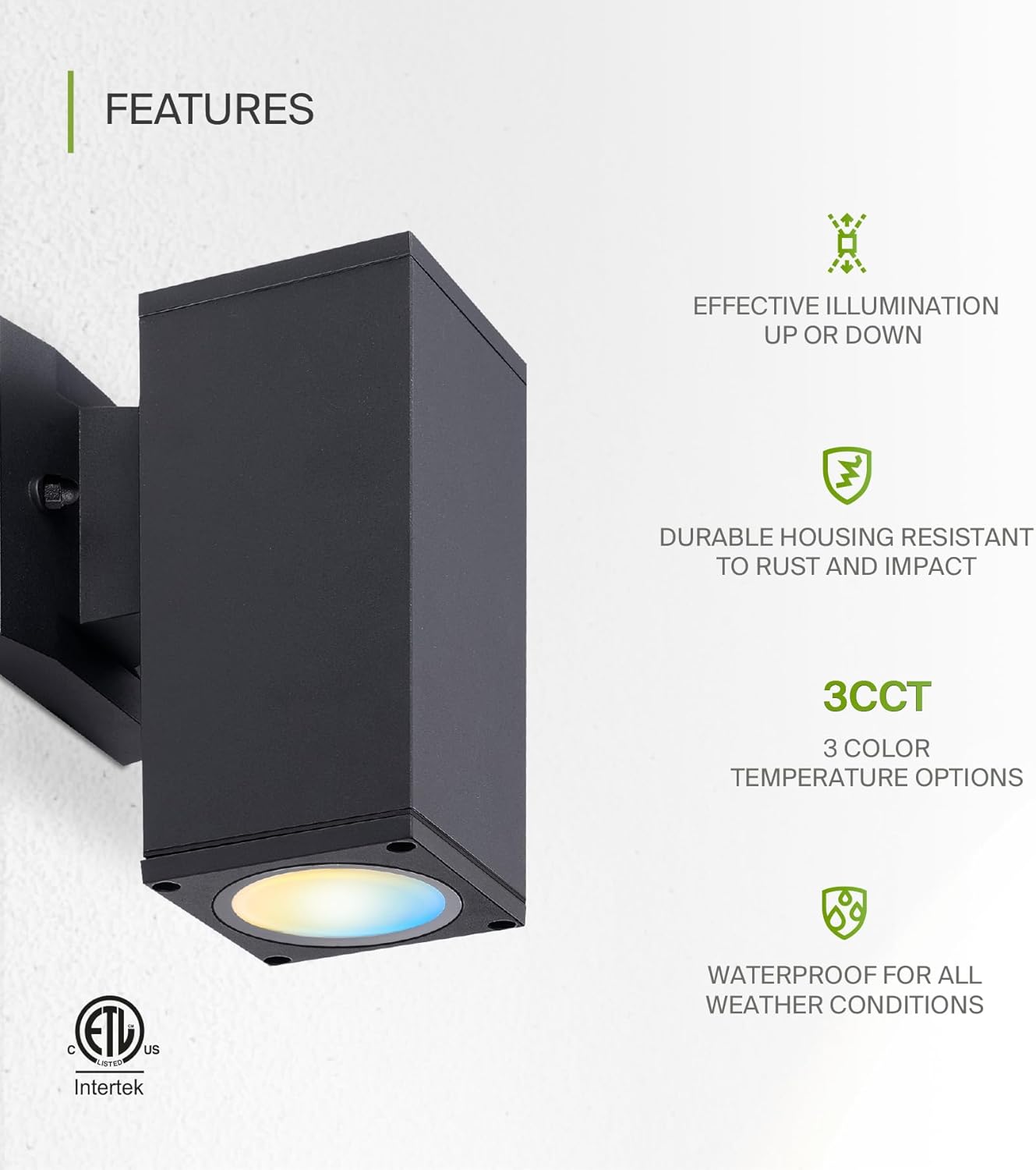 ASD Lighting LED Outdoor Wall Cylinder Square Up or Down 9W 120V 3000/4000/5000K with Photocell Black ETL
