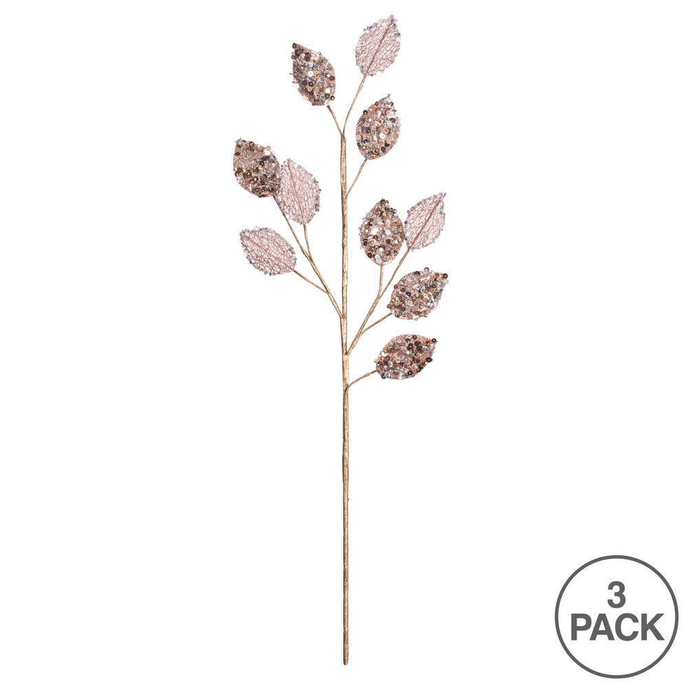 Vickerman 20" Rose Gold Glitter Plum Leaf Artificial Christmas Spray. Includes 3 sprays per pack.