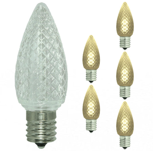 Damar- C9 LED Christmas Light Bulb Faceted Clear 3000K Soft White 0.6-0.96W E17 Intermediate Base Dimmable 100-130V Pack of 6-Commercial Grade Shatterproof String Light Replacement for Patio Holiday