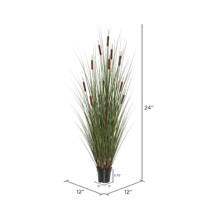 Vickerman 24" Artificial Potted Green Straight Grass and Cattails.