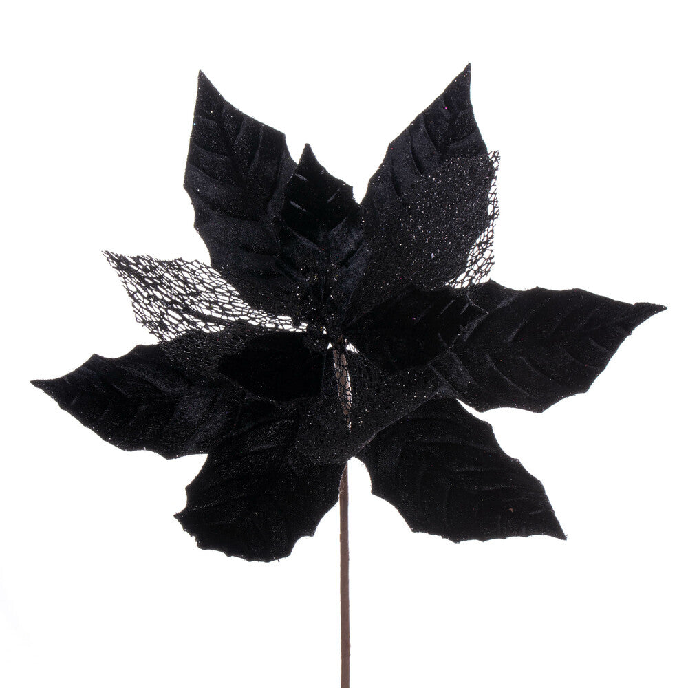 Vickerman 11" Black Velvet and Glitter Mesh Poinsettia Flower on Stem 6 per bag.