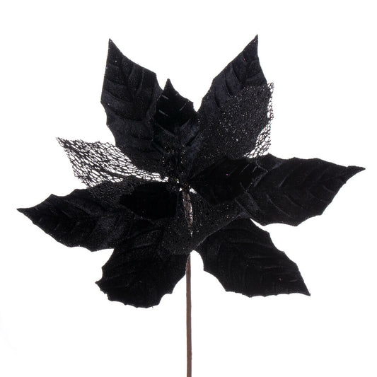 Vickerman 11" Black Velvet and Glitter Mesh Poinsettia Flower on Stem 6 per bag.