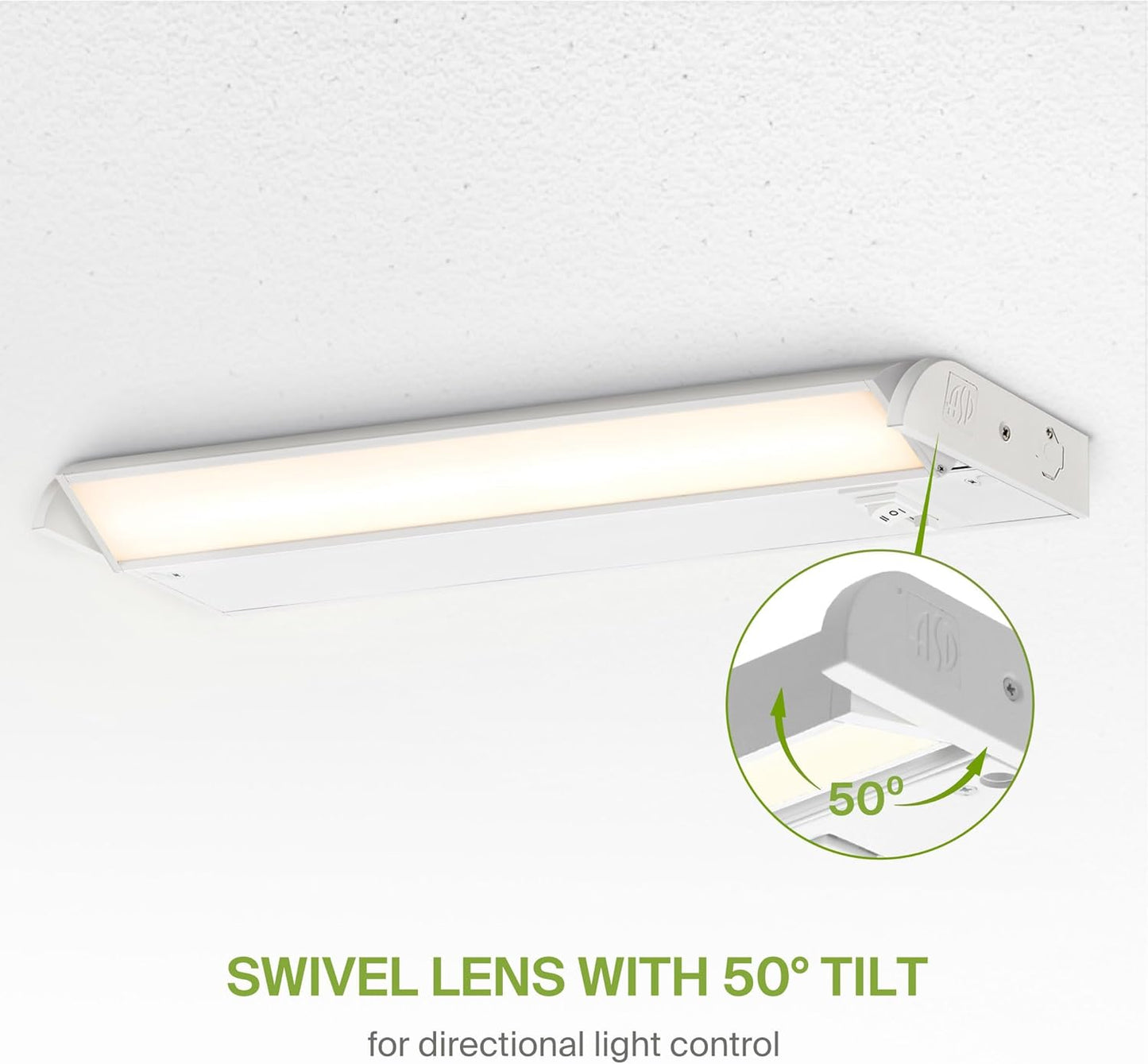ASD Lighting LED Under Cabinet Swivel 18" 8W 120V Dimmable CCT Selectable 2700/3000/4000K Hardwired or Plug-in, Linkable, Hi/Low Switch, White UL