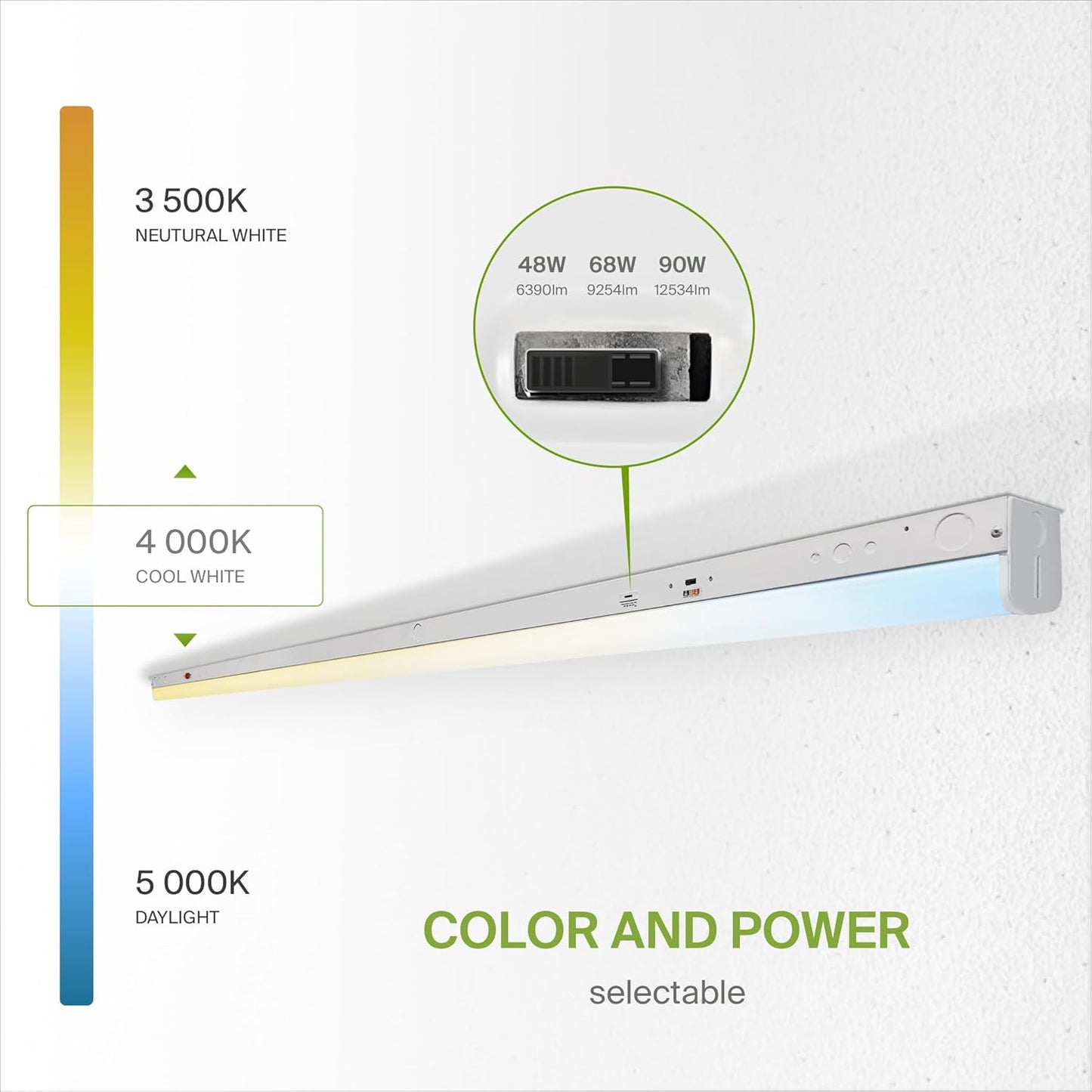 ASD Lighting LED Striplight Fixture 8ft 48/68/90W 120-277V 0-10V Dimmable 140Lm/W 3500/4000/5000K with Battery Back-up 15W White UL DLC Standard