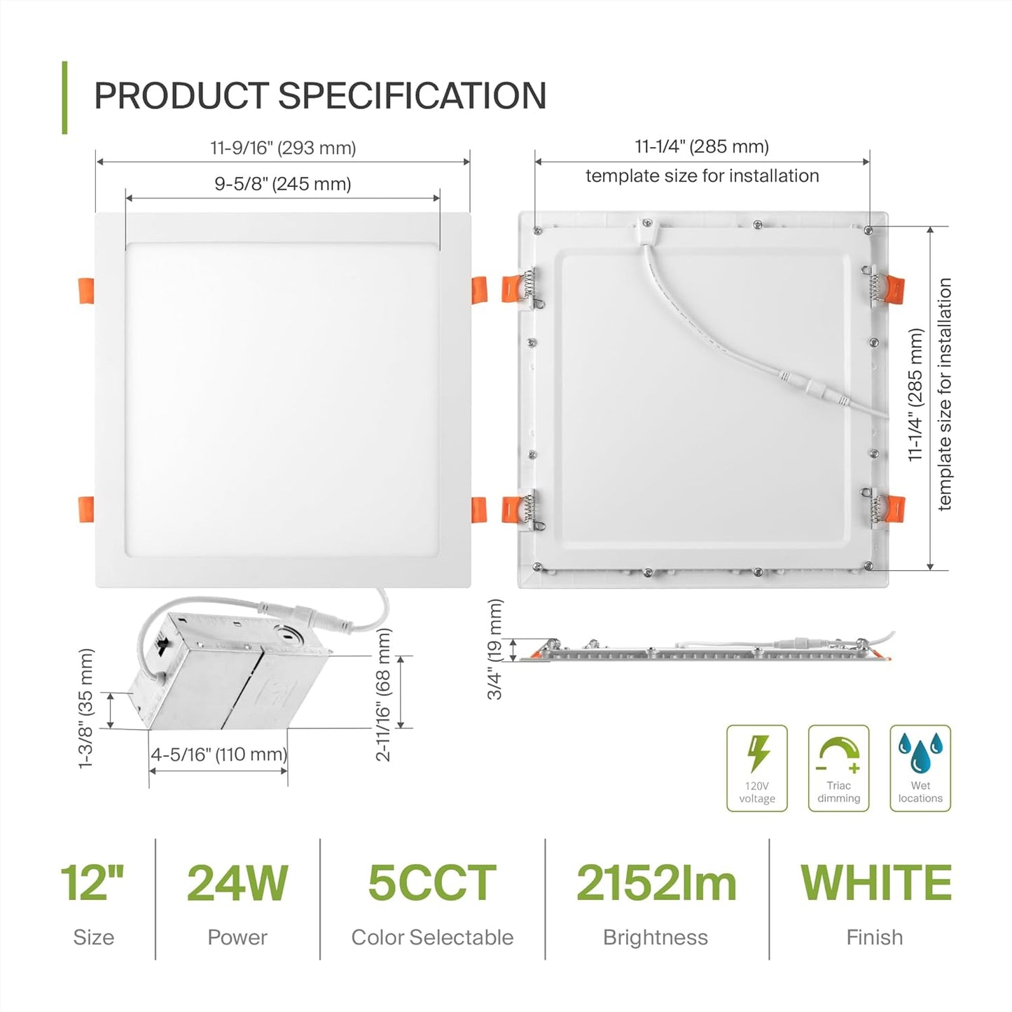 ASD Lighting LED Recessed Mini Panel Square 12inch 24W 120V Triac 2700/3000/3500/4000/5000K White UL
