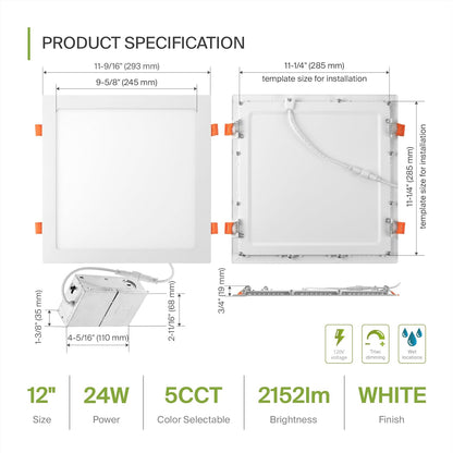 ASD Lighting LED Recessed Mini Panel Square 12inch 24W 120V Triac 2700/3000/3500/4000/5000K White UL