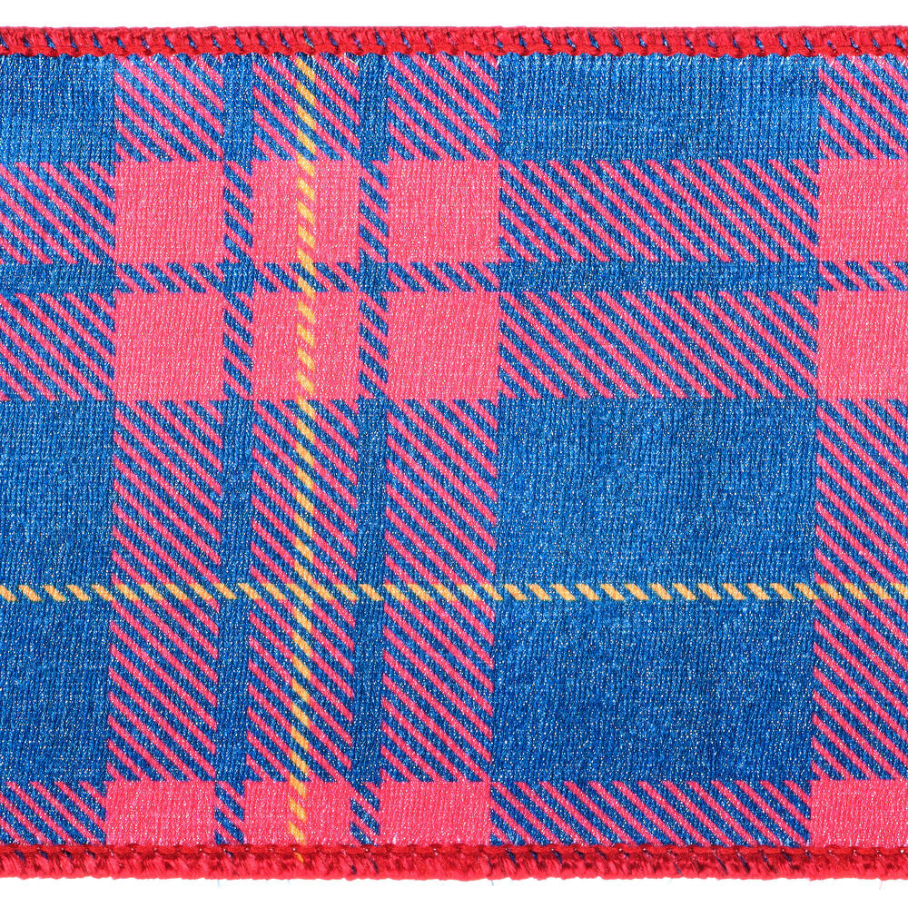 Vickerman 4" x 10 Yards Blue/Red Plaid Wired Edge Christmas Ribbon.