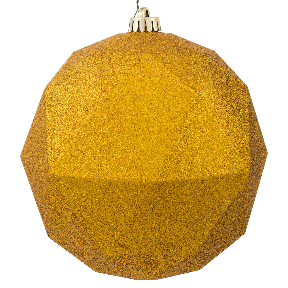 Vickerman 8" Antique Gold Geometric Ball Ornament Featuring a Glitter Finish.