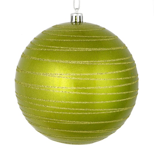 Vickerman 4" Lime Candy Finish Ball Ornament with Glitter Lines 4 per Bag