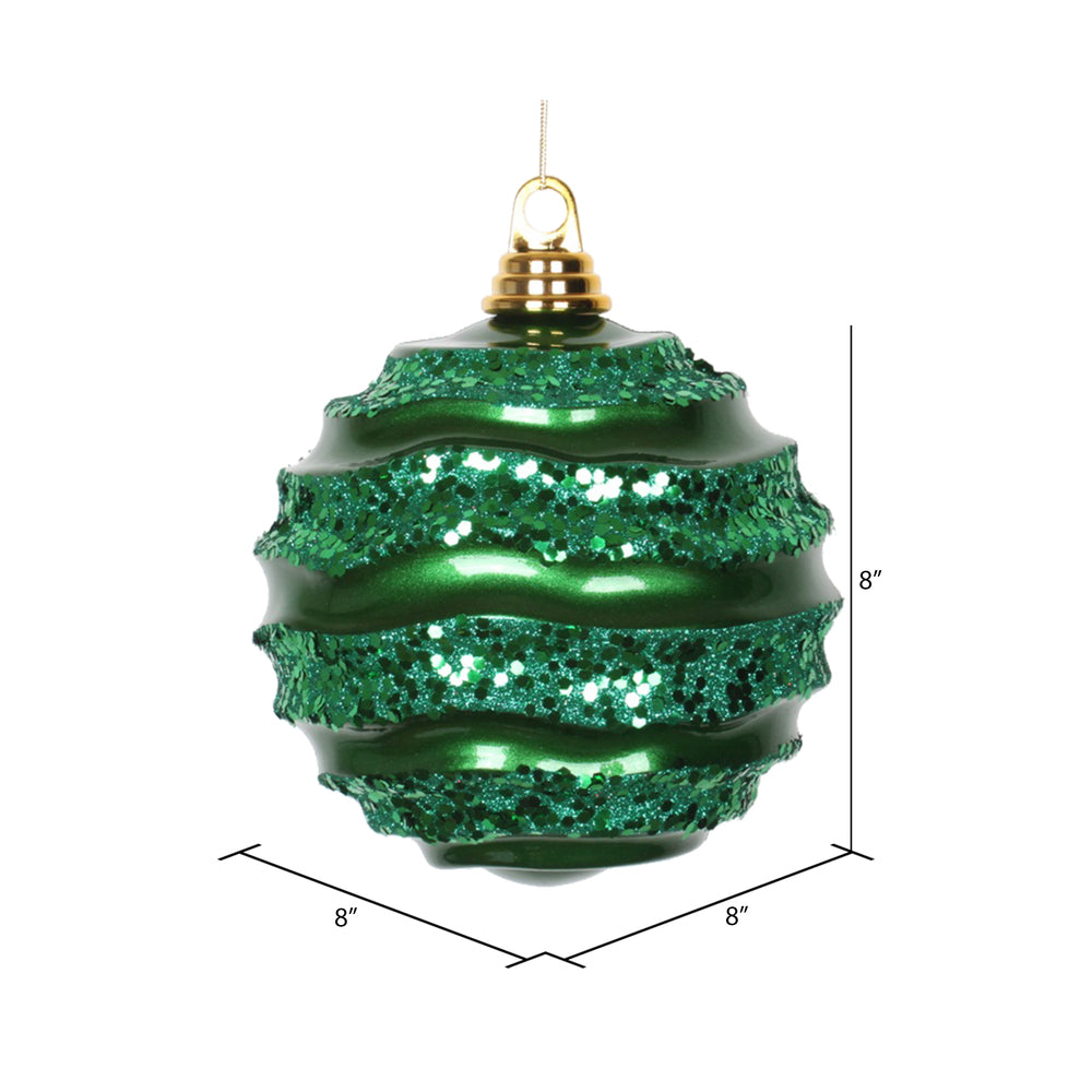 Vickerman 8' Green Stripe Candy Finish Wave Ball Christmas Ornament with Glitter Accents