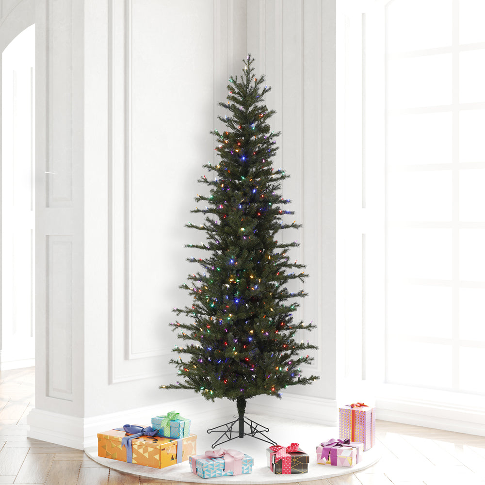 Vickerman 6.5' x 34" Hillside Pencil Spruce Artificial Christmas Tree Multi-colored Dura-Lit LED lights