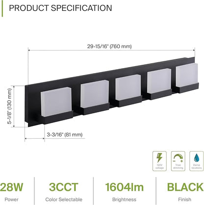 ASD Lighting LED Vanity 5-light 28W 120V CCT Selectable 3000/4000/5000K Dimmable Black ETL