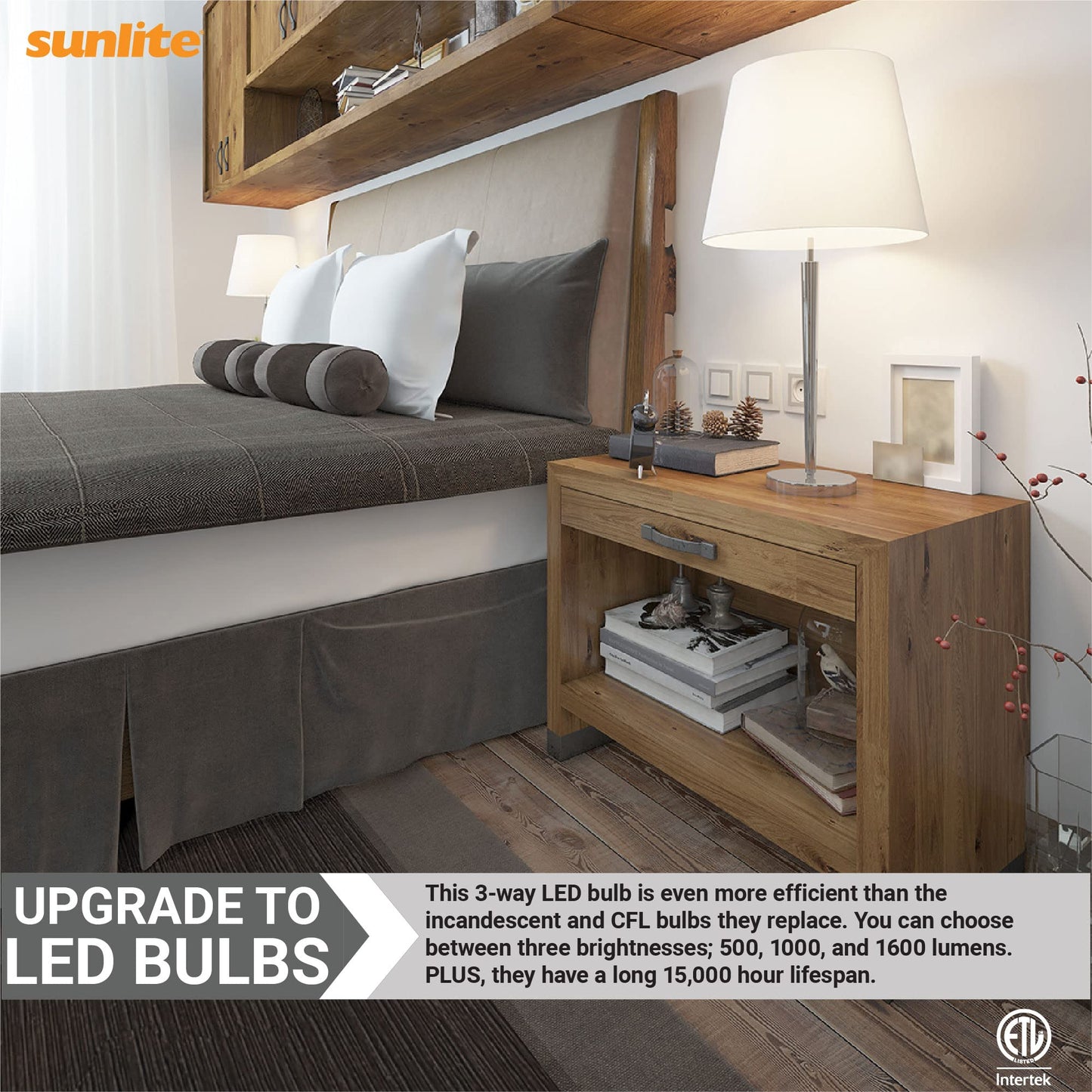 Sunlite 70323 3-Way LED A19 Light Bulb, 5/9/15 Watts (40W 60W 100W Equivalent), 500-1000-1600 Lumens, Medium E26 Base, Omni-Directional, ETL Listed, Frost, 3000K Warm White, 6 Count