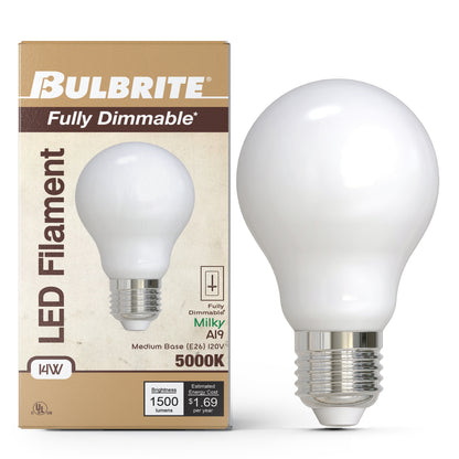 Bulbrite 862074 LED Filament Pack of (4) 14 Watt Dimmable A19 Light Bulb with Milky Glass Finish and Medium (E26) Base - 5000K (Soft Daylight Light), 1500 Lumens