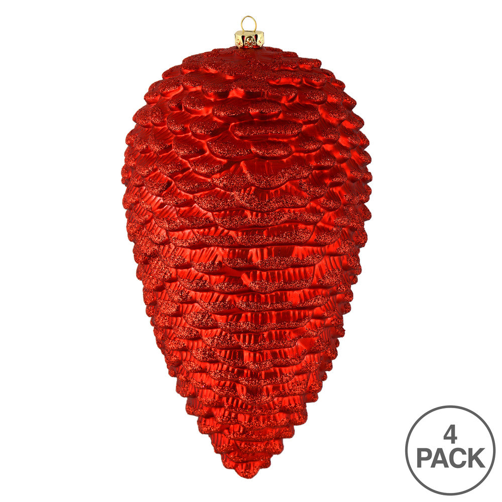 Vickerman 7" Red Matte Glitter Pinecone Christmas Ornament 4 per pack