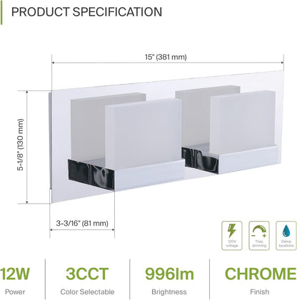 ASD Lighting LED Vanity 2-light 12W 120V CCT Selectable 3000/4000/5000K Dimmable Chrome ETL