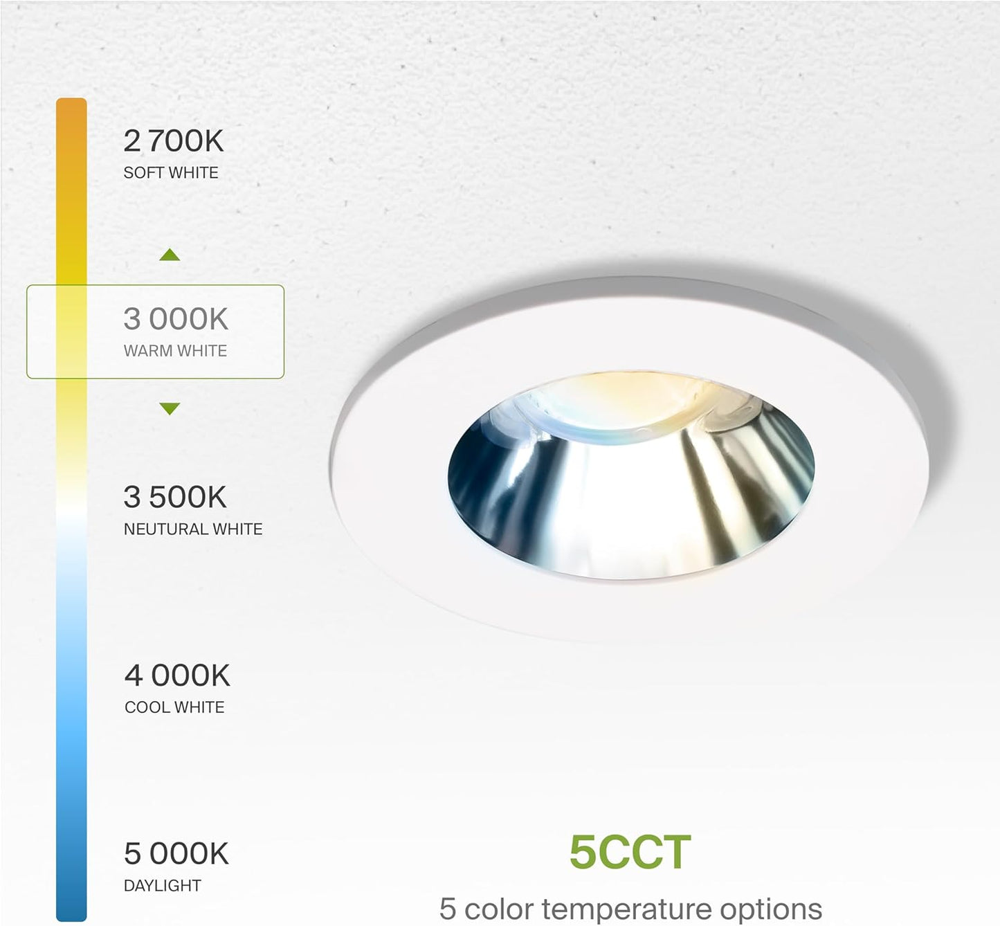 ASD Lighting LED Downlight 2INCH Changeable Round 15W CCT Selectable 2700/3000/3500/4000/5000K Dimmable, Chrome Smooth reflector, White trim, ETL Energy Star