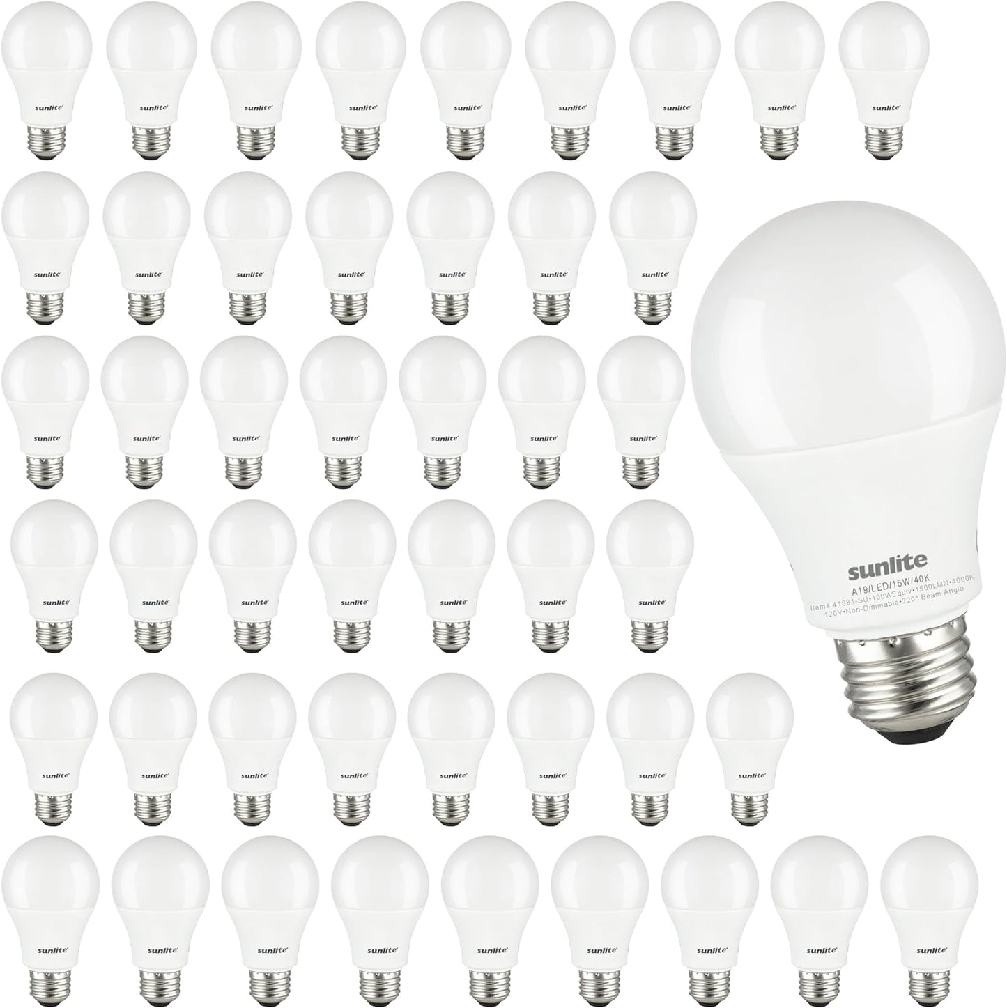 Sunlite LED Household A19 Light Bulb, 15 Watts (100W Equivalent), 1500 Lumens, 120 Volts, Non-Dimmable, Medium E26 Base, RoHS, ETL Listed, 4000K Cool White, 48 Pack