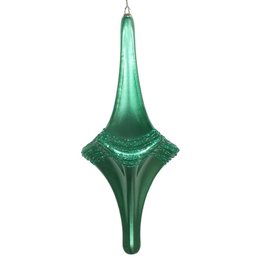 Vickerman 12" Seafoam Green Candy Glitter Drop Ornament. This ornament is the perfect addition to any holiday decorating project. Each ornament features a drilled cap with threaded wire for easy decorating.