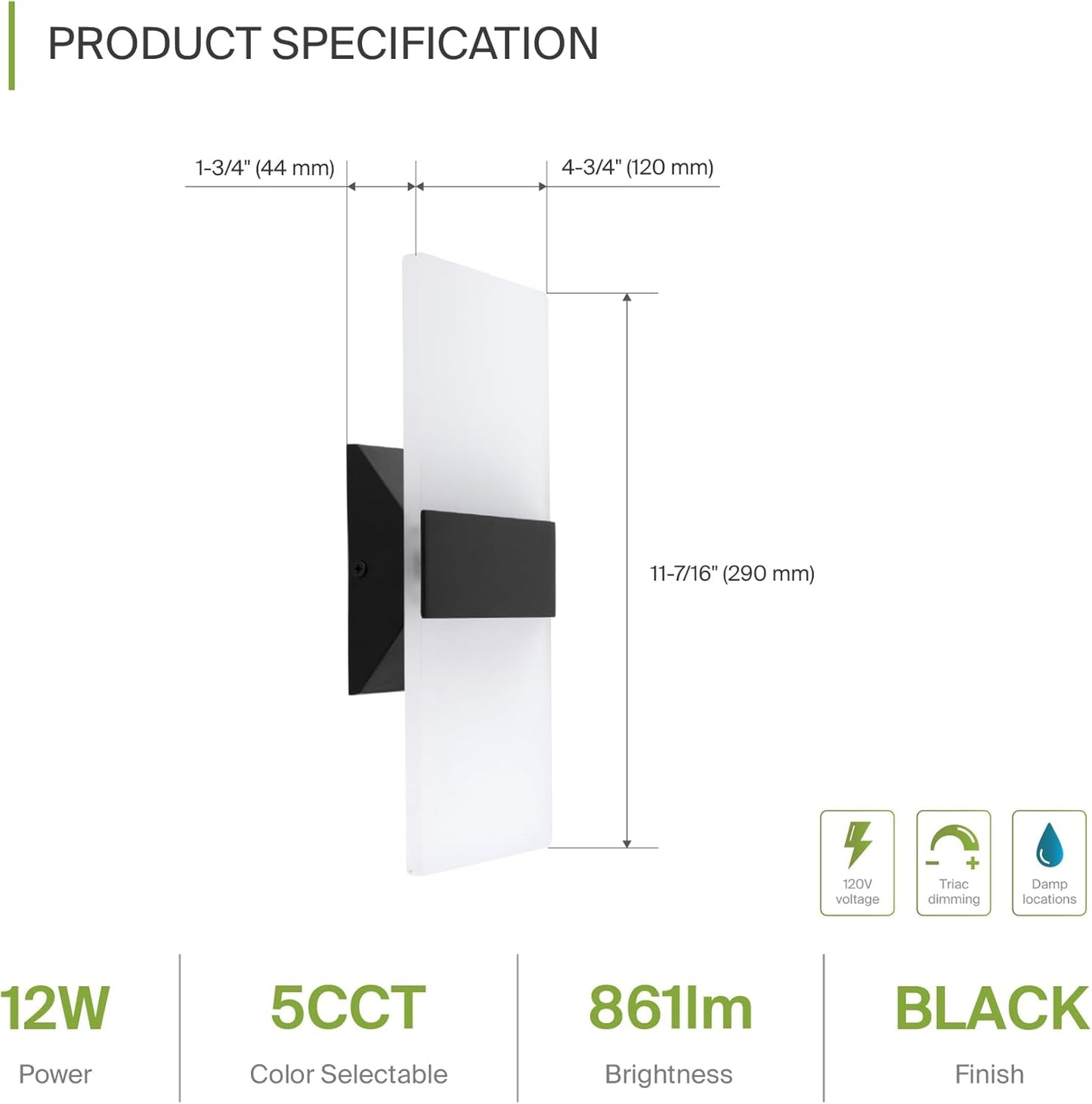 ASD Lighting LED Wall Sconce 12inch 12W 120V Triac 2700/3000/3500/4000/5000K Black UL
