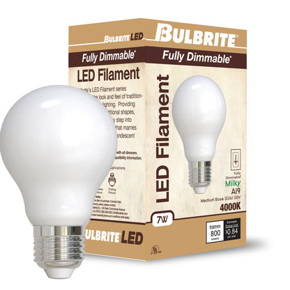 Bulbrite 776928 9W LED A19 4000K FILAMENT MILKY E26 FULLY COMPATIBLE DIMMING