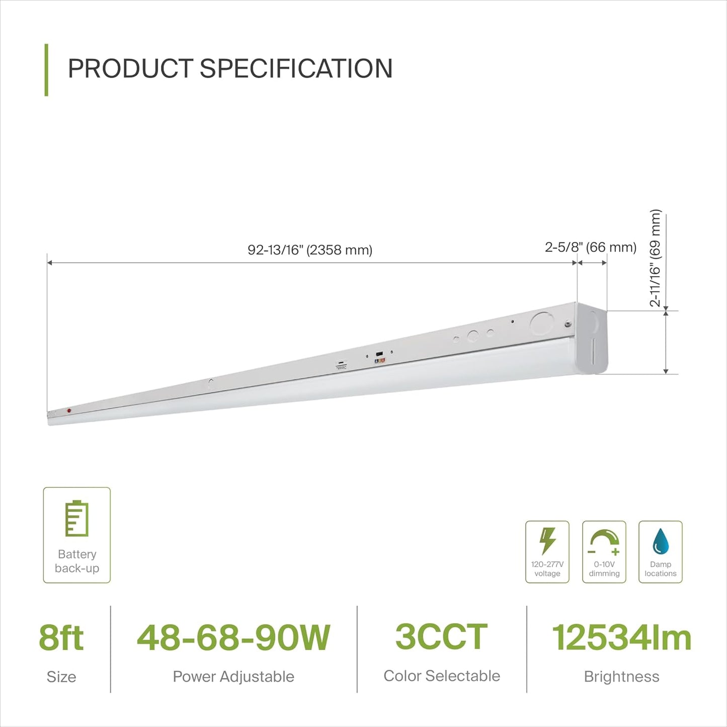 ASD Lighting LED Striplight Fixture 8ft 48/68/90W 120-277V 0-10V Dimmable 140Lm/W 3500/4000/5000K with Battery Back-up 15W White UL DLC Standard