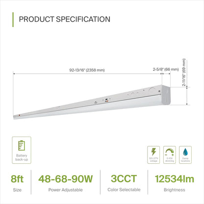 ASD Lighting LED Striplight Fixture 8ft 48/68/90W 120-277V 0-10V Dimmable 140Lm/W 3500/4000/5000K with Battery Back-up 15W White UL DLC Standard