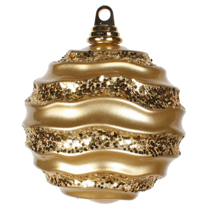 Vickerman 6" Gold Stripe Candy Finish Wave Ball Christmas Ornament with Glitter Accents