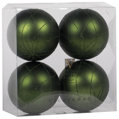 Vickerman 4" Moss Green Matte and Glitter Swirl Ball Ornament 4 per Box