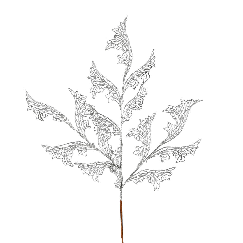 Vickerman 27" Silver Glitter Coral Bells Leaf Lace Artificial Christmas Spray. Includes 12 sprays per pack.