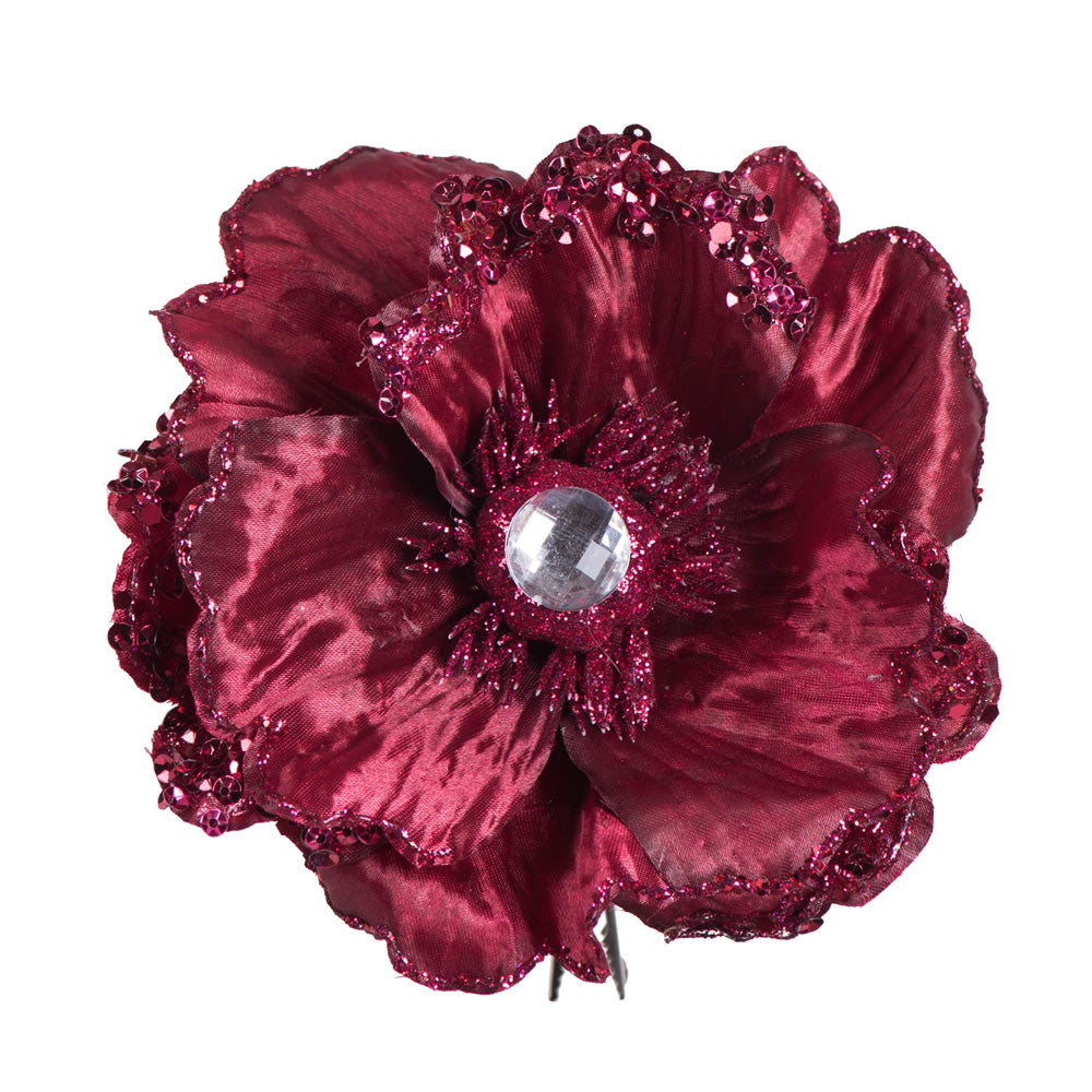 Vickerman 5" Artificial Burgundy Polyester Wild Poppy Head with Sequin Glitter and Clip pack of 3