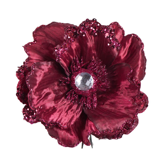 Vickerman 5" Artificial Burgundy Polyester Wild Poppy Head with Sequin Glitter and Clip pack of 3
