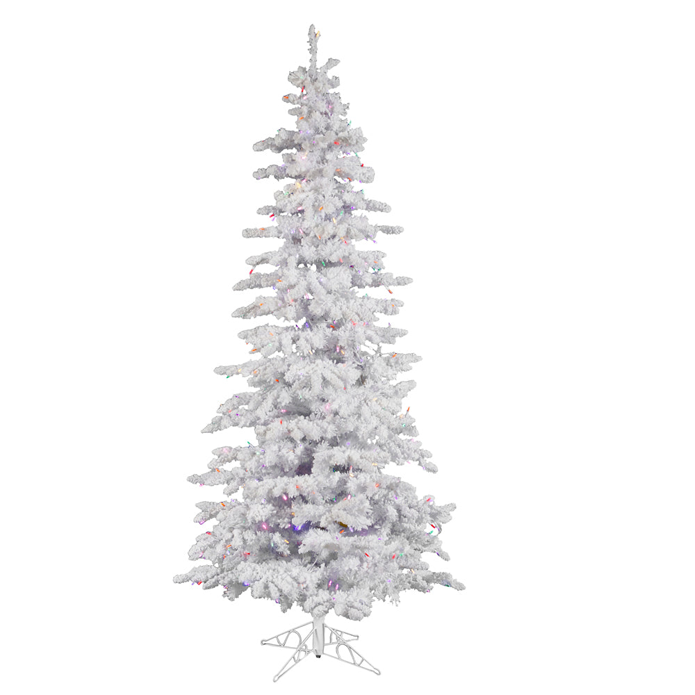 Vickerman 7.5' Flocked White Slim Artificial Christmas Tree Multi-Colored LED Lights