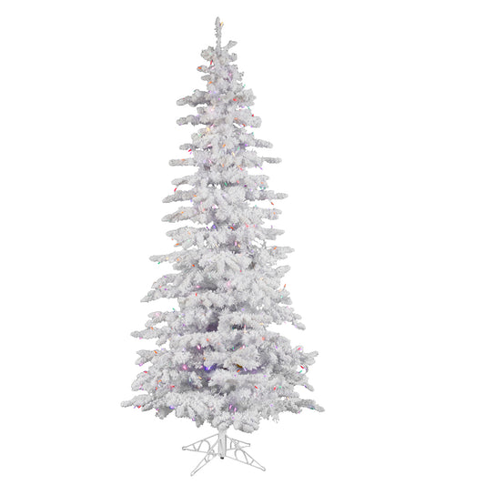 Vickerman 7.5' Flocked White Slim Artificial Christmas Tree Multi-Colored LED Lights