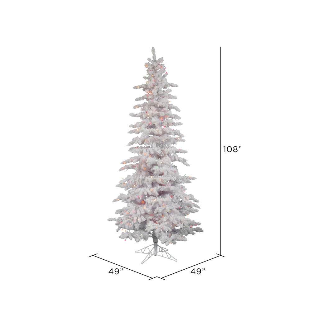 Vickerman 9' Flocked White Slim Artificial Christmas Tree Multi-Colored LED Lights