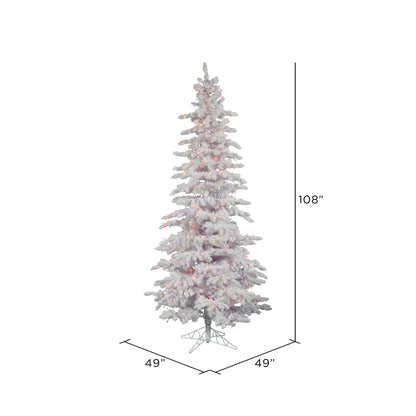 Vickerman 9' Flocked White Slim Artificial Christmas Tree Multi-Colored LED Lights