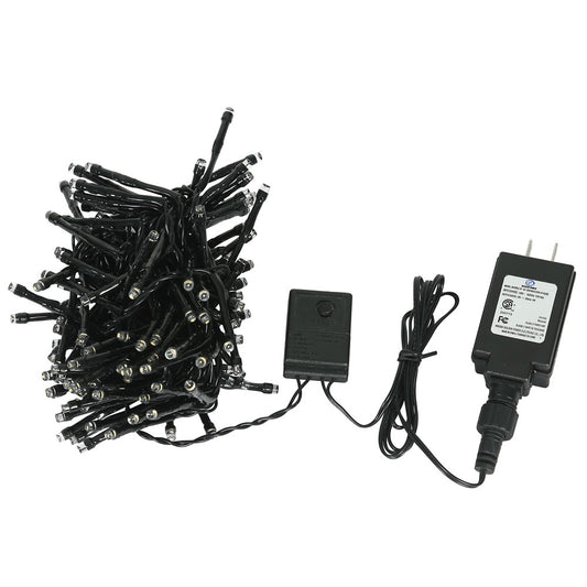 Vickerman 144Lt Warm White 2 Function Spider Set 24' Long 2" Bulb Spacing Functions Of Flashing And Steady On Black Wire With 36" Lead Uses Csa-Us 24Volt Power Adpater. Indoor/Outdoor use.