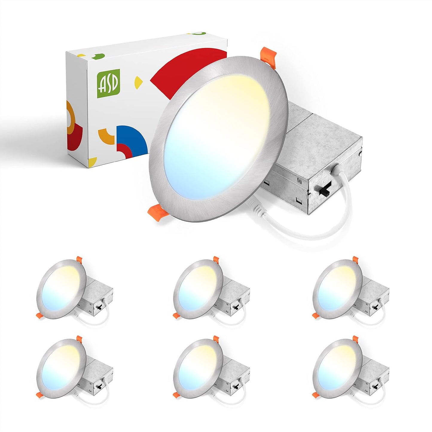 ASD Lighting LED Round Recessed Mini Panel 6" 15W 120V Dimmable CCT Selectable 2700/3000/3500/4000/5000K Brushed Nickel UL Energy Star 6pack