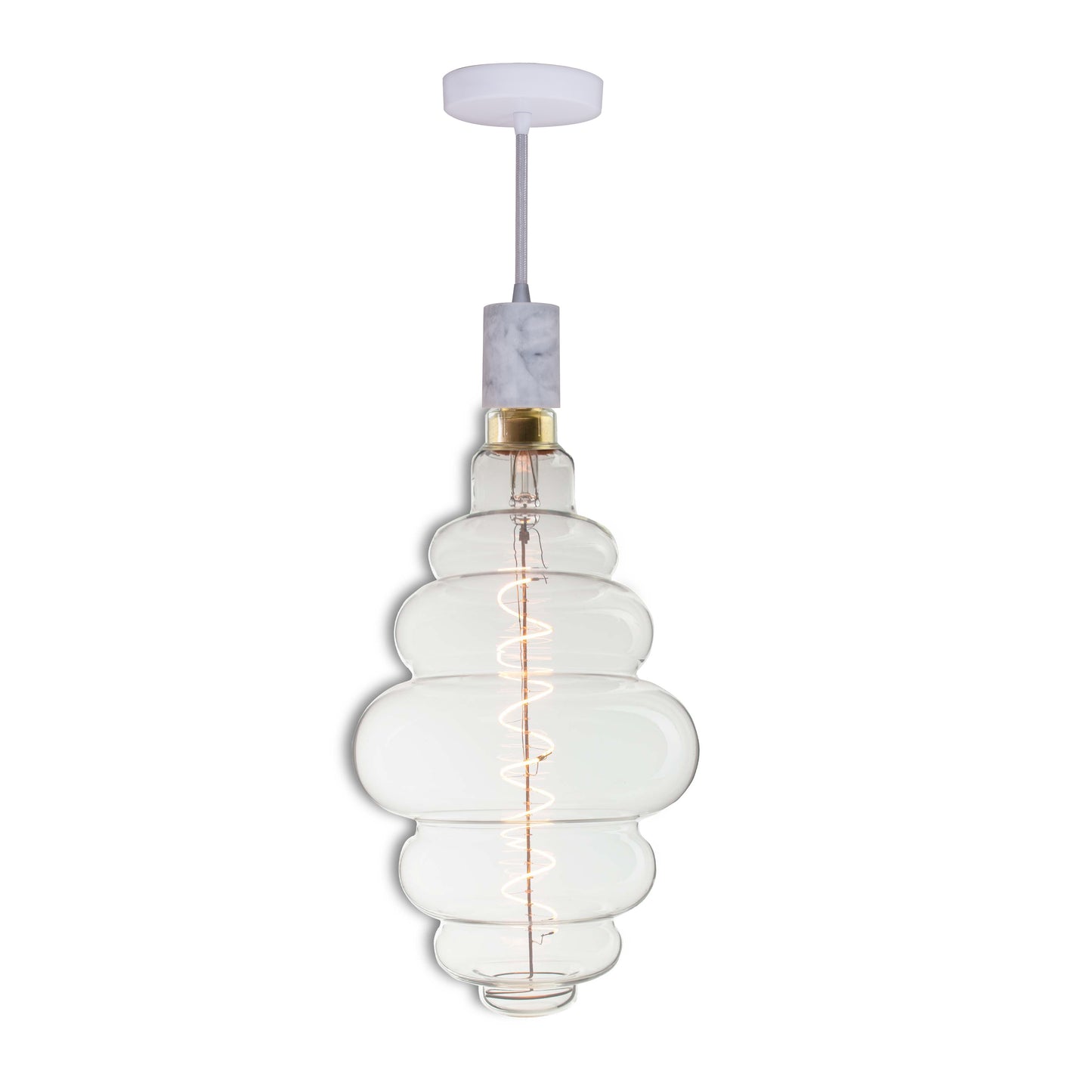 Bulbrite LED Grand Bulb and Pendant Kit of (1) 4 Watt Clear Glass 15" Beehive Shaped Bulb and (1) White Marble Open Socket Pendant on White Fabric Braided Cord - 2200K (Amber Light)