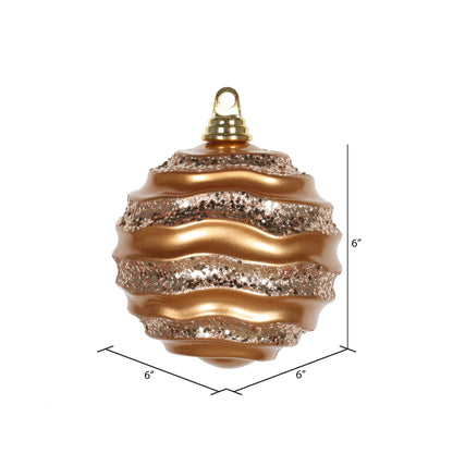 Vickerman 6" Sand Gold Stripe Candy Finish Wave Ball Christmas Ornament with Glitter Accents