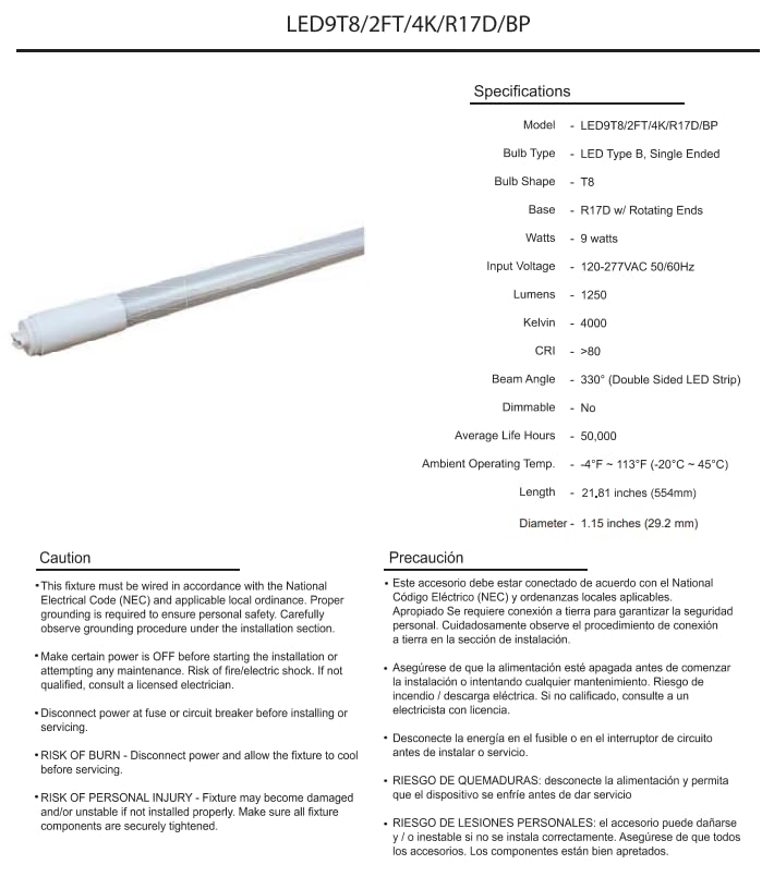 Damar- 2Ft T8 LED Tube Light Bulb Type B Ballast Bypass Single End 9W 1250 Lumens 4000K Cool White R17D Base with Rotating Ends 120-277VAC Pack of 10- Fluorescent Replacement for Garage Workshop
