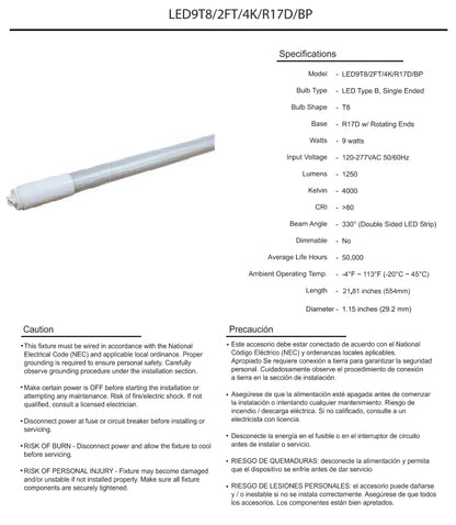 Damar- 2Ft T8 LED Tube Light Bulb Type B Ballast Bypass Single End 9W 1250 Lumens 4000K Cool White R17D Base with Rotating Ends 120-277VAC Pack of 10- Fluorescent Replacement for Garage Workshop