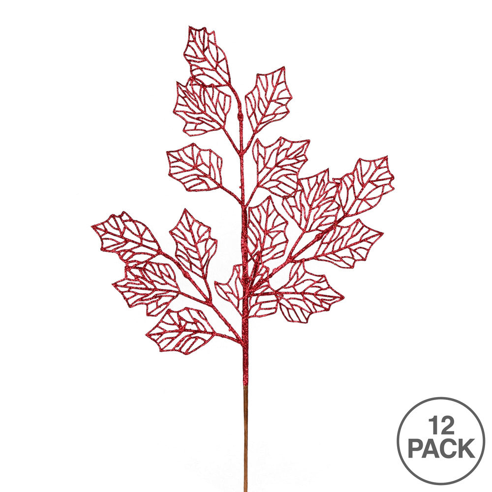 Vickerman 21" Burgundy Glitter Holly Leaf Lace Artificial Christmas Spray. Includes 12 sprays per pack.