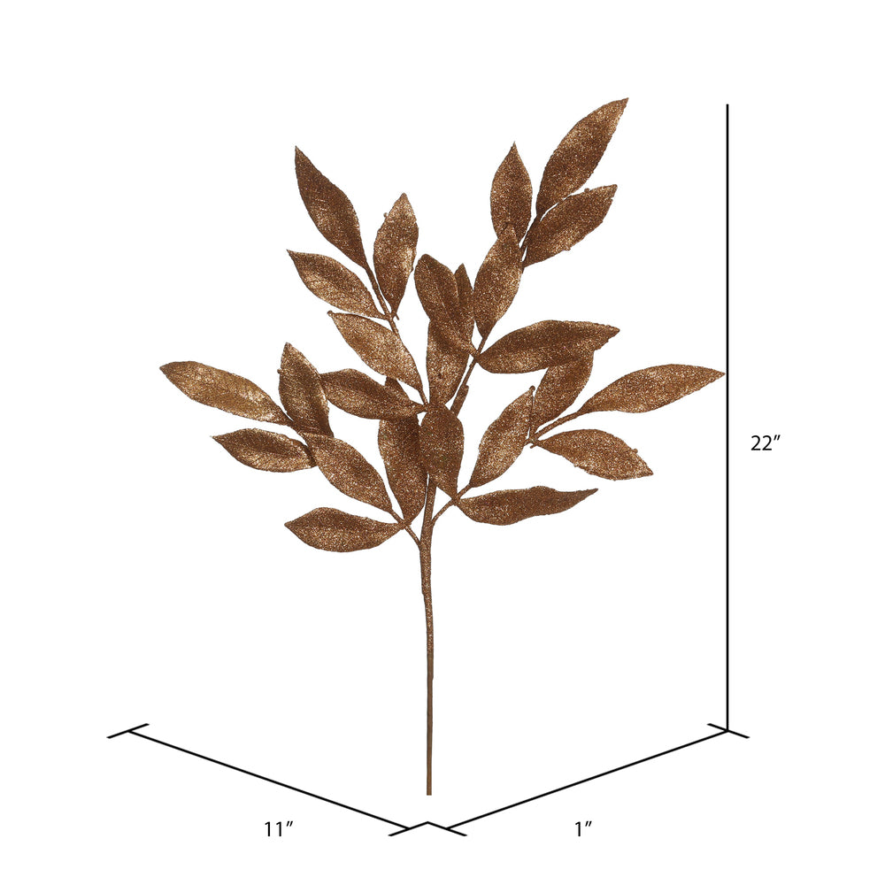 Vickerman 22" Copper Glitter BayLeaf Artificial Spray. Includes 12 sprays per pack.
