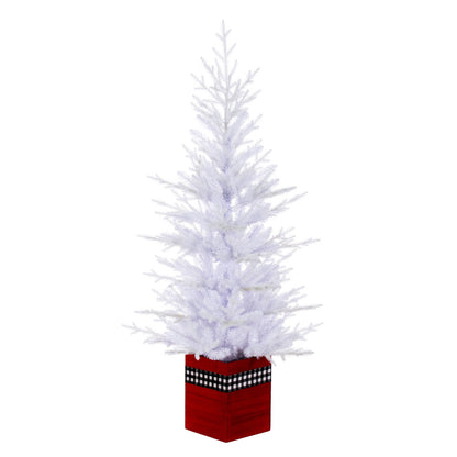 Vickerman 4' x 30" Potted White Fraser Fir Artificial Unlit Christmas Tree Red Wood Container