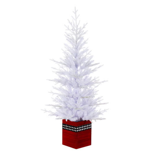 Vickerman 4' x 30" Potted White Fraser Fir Artificial Unlit Christmas Tree Red Wood Container